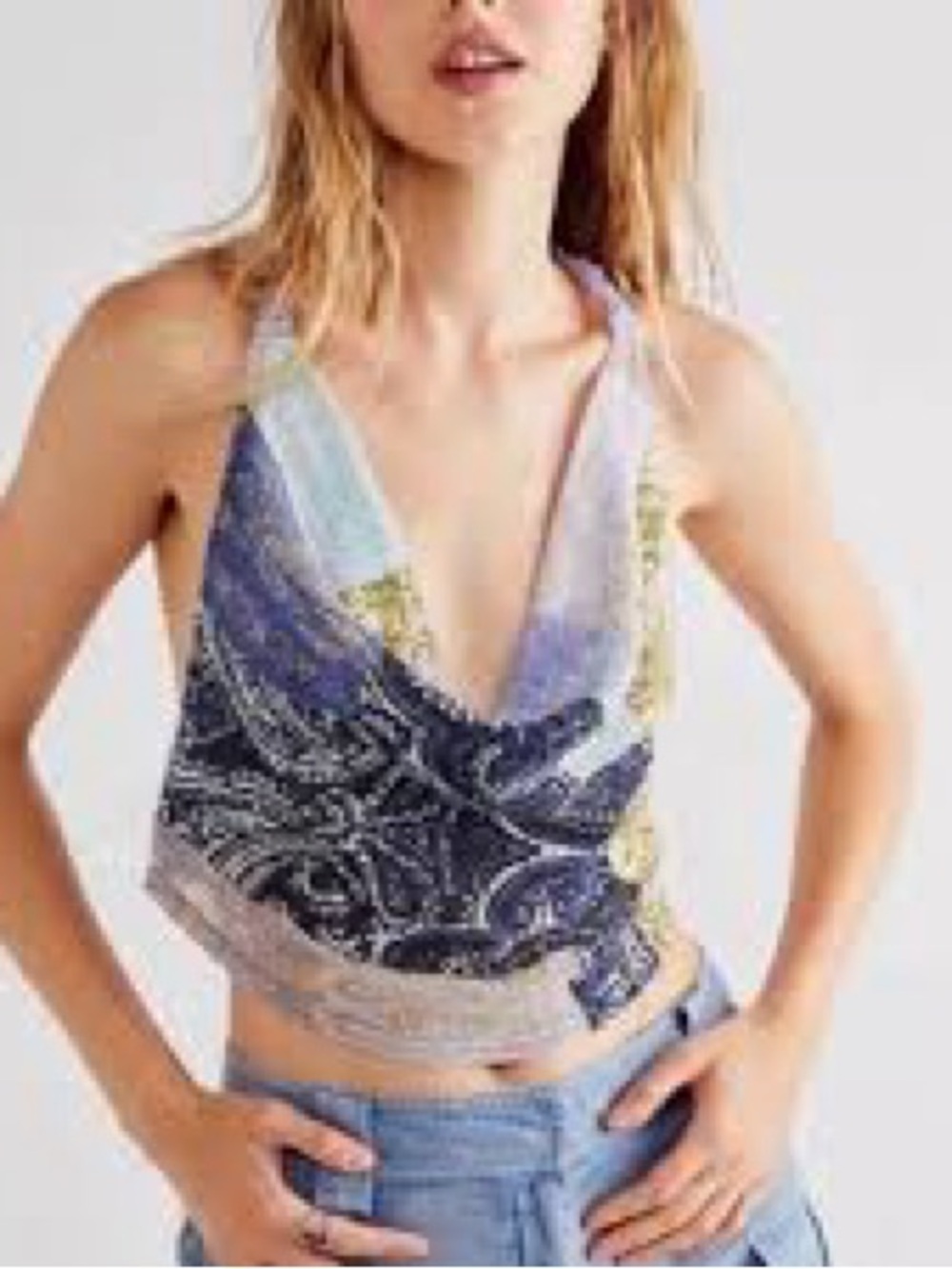 Nwot Free People Lightweight Scarf Halter Top in Blue and Cream